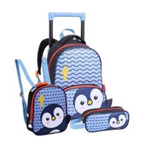 Mochila De Rodinhas Lancheira Térmica Estojo Simples Pinguim