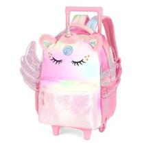 Mochila de Rodinhas Unicórnio Com Asa Rosa - Luxcel