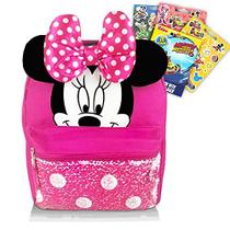 Mochila Disney Minnie Mouse para meninas e crianças ~ O pacote inclui mochila infantil infantil Minnie de 30,5 cm com orelhas, laço e lantejoulas reversíveis mágicas e adesivos (material escolar da Minnie Mouse)