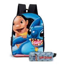 Mochila E Estojo Kit Escolar Infantil Masculino Feminino Com Tema De Criatura Divertida Azul Havai Ohana