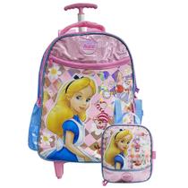 Mochila Escolar Alice No País Das Maravilhas De Rodinhas + Lancheira Térmica Disney Infantil Meninas