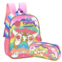 Mochila Escolar Com Estojo Unicorn Game Azul Ou Rosa Luxcel