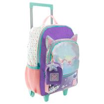 Mochila Escolar com Rodinhas 16 Gatinho Holográfico Lilás e Com Bolsinha Mochila Escolar com Rodinhas 16 Gatinho Holográfico Lilás e Com Bolsinha