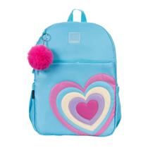 Mochila Escolar Coração Cor de Rosa Pompom Container Azul Mochila Escolar Coração Cor de Rosa Pompom Container Azul