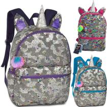 Mochila Escolar de Costa Infantil Unicornio Paete Prata Pompom Muda de Cor Rosa Roxo Azul Sortido Wincy