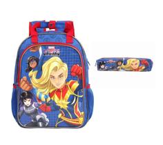 Mochila Escolar de Costas e Estojo Capitã Marvel Rising