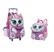 Mochila Escolar De Menina Com Rodinha Carrinho Gatinha Paetê + Lancheira 8666A - Fuseco