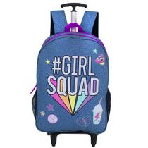 Mochila Escolar De Rodinhas Jeans Girl Squad Patches Juvenil