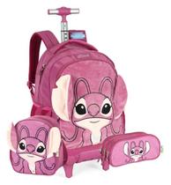 Mochila Escolar De Rodinhas Lancheira Térmica Estojo 100 Lápis Stitch Pelucia