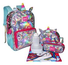 Mochila Escolar de Rodinhas Unicórnios Holográfica 43x32x17cm