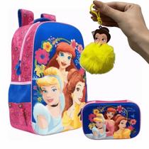 Mochila Escolar e Estojo Box Princesas Disney com Chaveiro