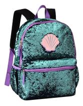 Mochila Escolar Feminina Concha Sereia Paetê Muda Cor Clio G Verde e Roxo
