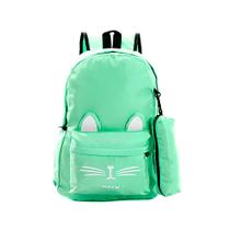 Mochila Escolar Feminina de Gatinha Verde Claro Bolsa+Estojo Mochila Escolar Feminina de Gatinha Verde Claro Bolsa+Estojo