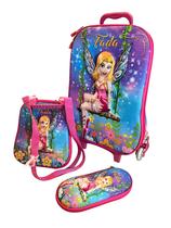 Mochila Escolar Feminina Fada + Estojo e Lancheira C/ Rodinhas