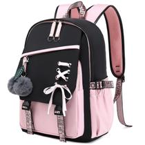 Mochila Escolar Feminina FENGDONG - Preta e Rosa - Impermeável
