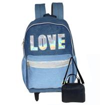 Mochila Escolar Feminina Glitter Love Com Lancheira Térmica Azul