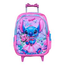 Mochila Escolar Feminina Infantil Stitch em 3D com Rodinhas