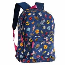 Mochila Escolar Feminina Unicórnio Emoji Patches Azul - Cliostyle