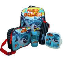 Mochila Escolar Friend Shark Winth Kids Com Estojo Squeeze Lancheira Pote E Colher BPD20896