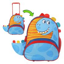 Mochila Escolar Infantil de Rodinhas Dinossauro Dino Azul Animais Bolsa com Zíper e Alça