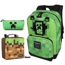 Mochila Escolar Infantil + Estojo + Lancheira do Minecraft 3 Peças - Verde - J-one