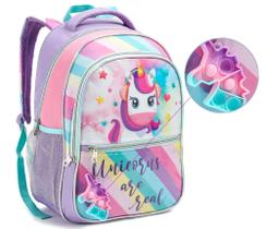 Mochila Escolar Infantil Feminina Unicórnio Chaveiro de Pop it Resistente - Denlex