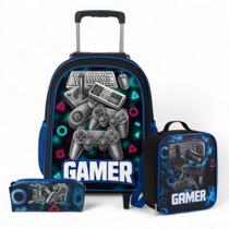 Mochila Escolar Infantil Masculina Rodinha + Estojo + Lancheira - Gamer