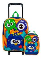 Mochila Escolar Infantil Monstrinhos Rodinhas G Lancheira