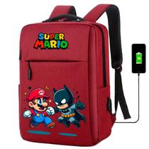 Mochila Escolar Infantil USB Estampa Personagem Videogame Super Encanador Bat Homem Para Notebooks