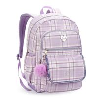 Mochila Escolar Lilás Juvenil Volta as Aulas com Pompom Bolsos Colorida Bolso Frontal Lateral