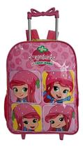Mochila Escolar Menina Moranguinho Rodinhas Aula Rosa C/ Verde