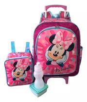 Mochila Escolar Minnie Mouse Chiclete Rodinhas G + Lancheira