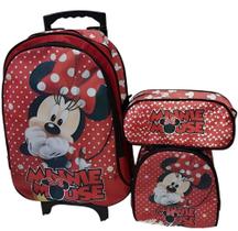 Mochila Escolar Minnie Mouse com Rodinhas com Lancheira térmica e estojo