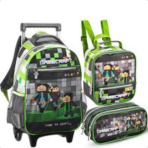 Mochila Escolar Rodinha Gamecraft Infantil Masculina 3 Peças Preta