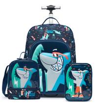Mochila Escolar Rodinha Spector Menino kit Escolar com Estojo Lancheira térmica Infantil tubarão