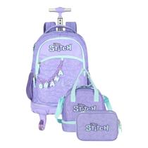 Mochila Escolar Rodinhas 360º + Lancheira + Estojo 100 Lápis Stitch