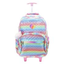 Mochila Escolar Rodinhas e Costas Arco-Íris Glitter Degradê Unicorno -Yepp