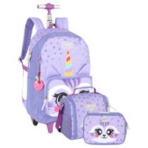 Mochila Escolar Rodinhas Gatinho + Lancheira + Estojo 100 Lápis Up4you