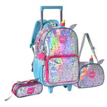 Mochila Escolar Rodinhas Holográfica Unicórnio + Lancheira + Estojo Kit Bolsa Infantil Menina Criança Pequena - Zoop Toys