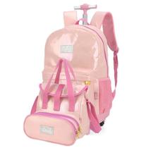 Mochila Escolar Rodinhas + Lancheira + Estojo Duplo Barbie Metalizada Up4you