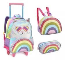 Mochila Estojo E Lancheira Gatinho Arco Iris Rosa - Denlex