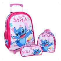 Mochila + Estojo + Lancheira Térmica Desenho Stitch Rodinhas