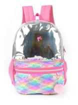 Mochila Feminina Escolar Barbie C/ Pompom Holográfica Paetê