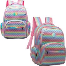 Mochila Feminina Escolar Estilosa Arco Íris Decorada Com Chaveiro - Yepp