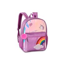 Mochila Feminina Escolar Holográfica Infantil Rosa de Costas Unicórnio Arco-Iris Menina Clio