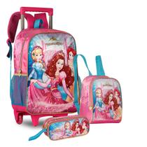 Mochila Feminina Escolar Infantil de Rodinhas Princesas Kit Lancheira Térmica Estojo Divisória Clio Atyle Material Escolar