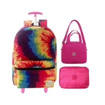 Mochila Feminina Escolar Rodinha Tie Dye Juvenil + Estojo e Lancheira