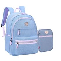 Mochila Feminina Jeans Com Pompom E Estojo Kika Original - D'PRESNETES