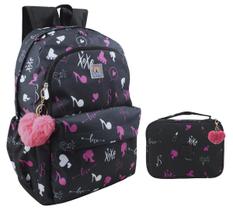 Mochila Feminina Preta SVG + Estojo Estampado + PomPom Fofo