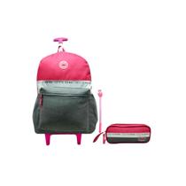 Mochila Feminina Rodinhas Moderna Adulto Juvenil Rosa Estojo